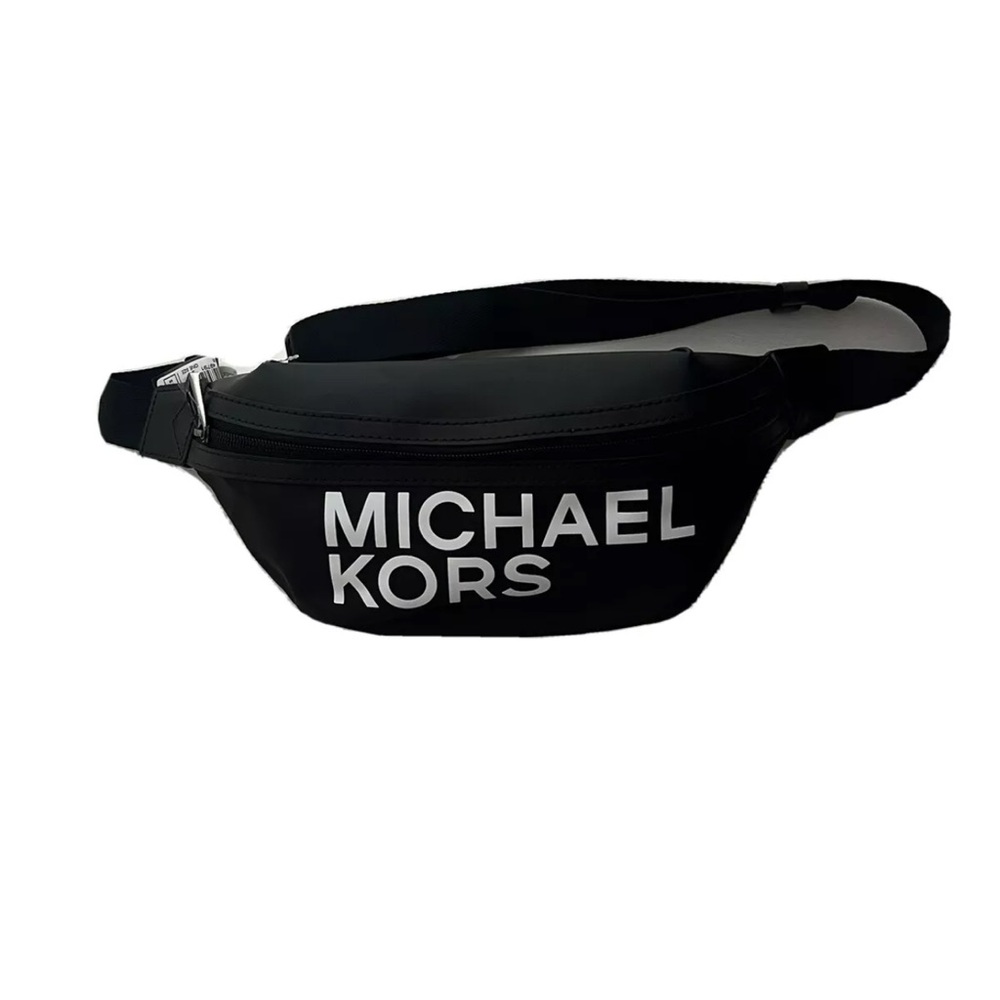 BRAND NEW MICHAEL KORS BLACK SIGNATURE WHITE MK LOGO BELT BAG 556214C